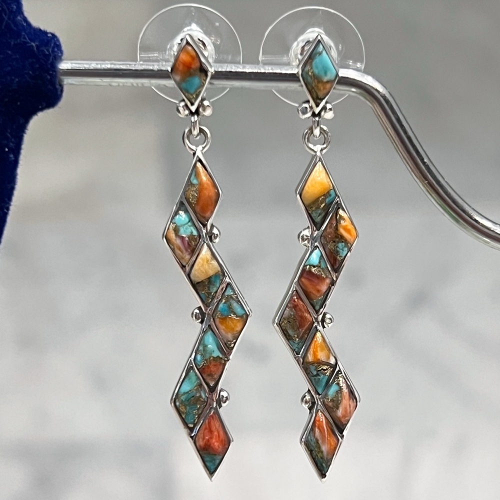 Santa Fe Style Spiny Turquoise Zigzag Sterling Silver BOHO Dangle Post Earrings